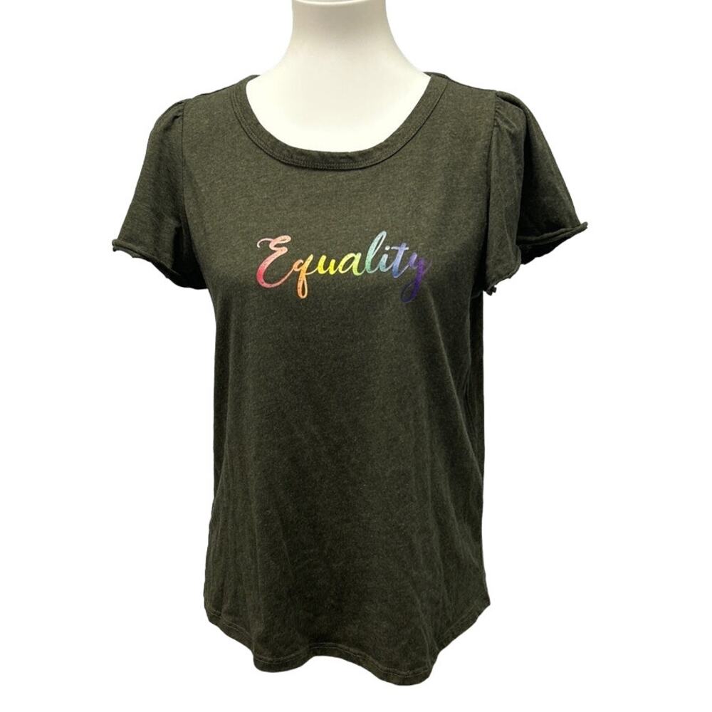 Hand Printed Womens Small Upcycled June Pride Month Rainbow Equality Crew Tee
